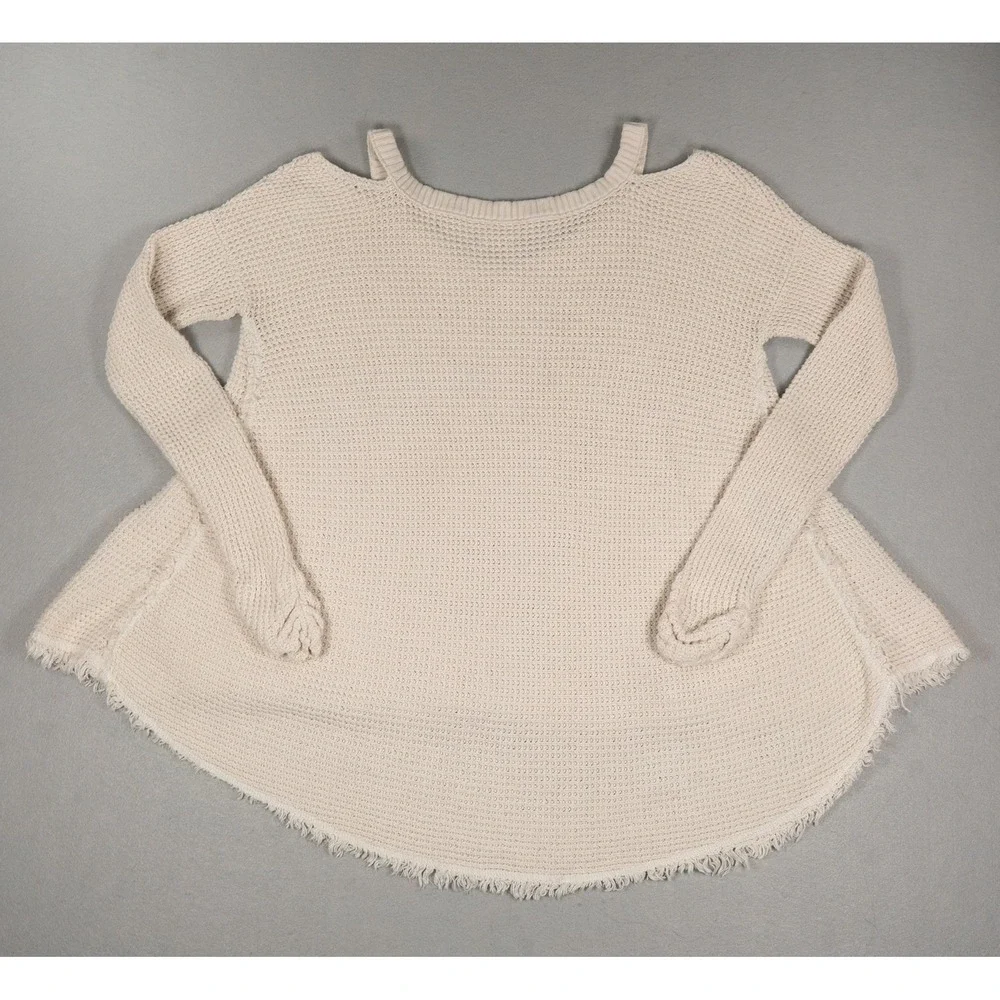 Free People Cold Shoulder V-Neck Cotton Knit Fringe High Low Sweater Cream Small